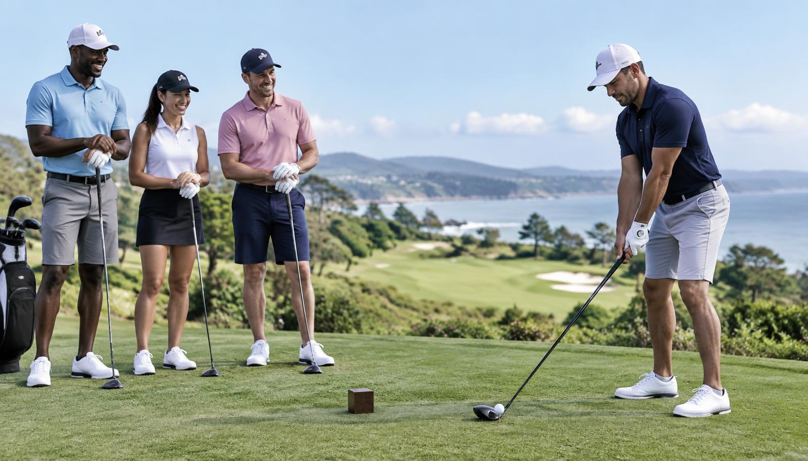 A group of golfers standing calmly to the side of the tee while one player addresses the ball.