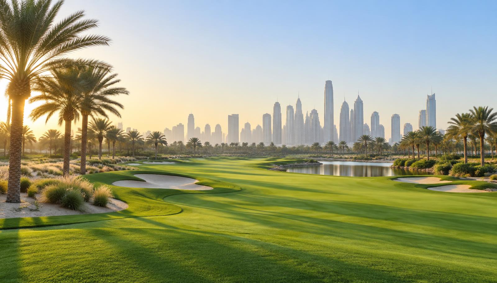 A palm-lined golf fairway in Dubai in soft morning light.