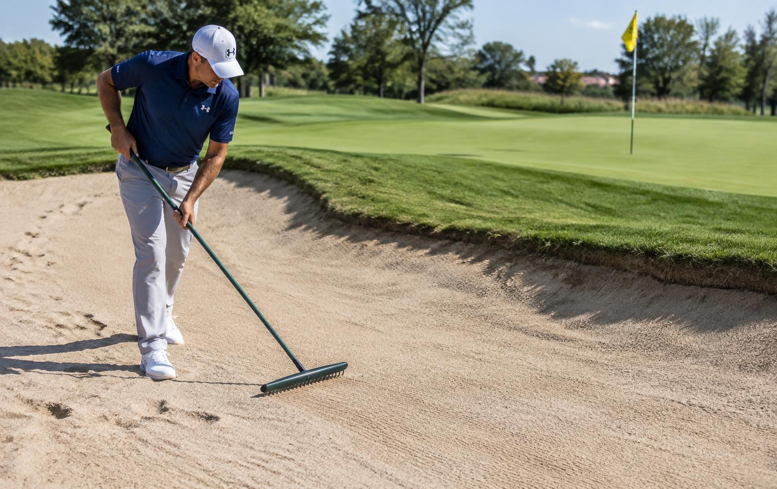 A golfer raking a bunker smooth beside the green.