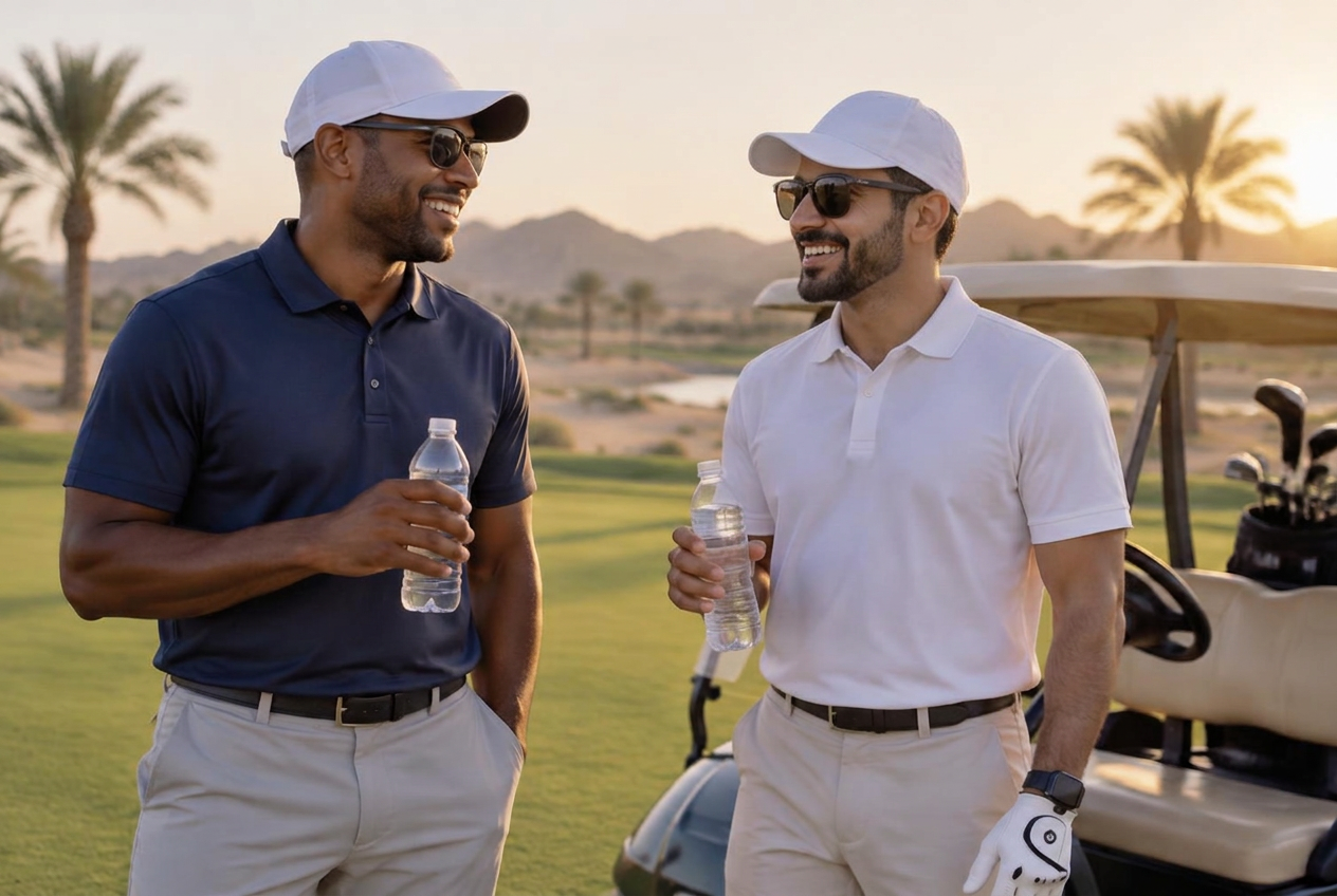 Two golfers in hats and sunglasses sharing water beside a buggy on a desert course.
