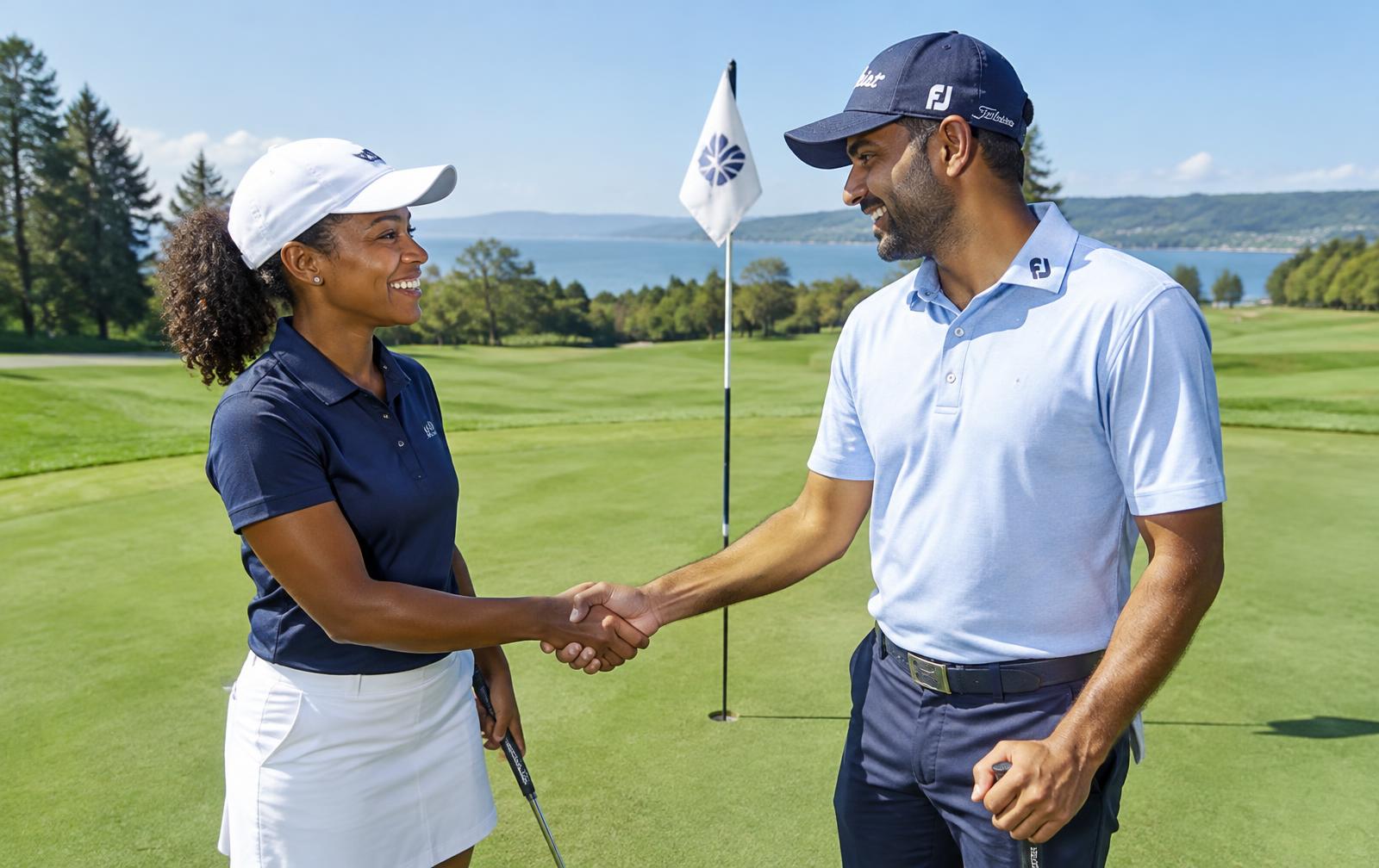 Two golfers smiling and shaking hands on the green at the end of a round.
