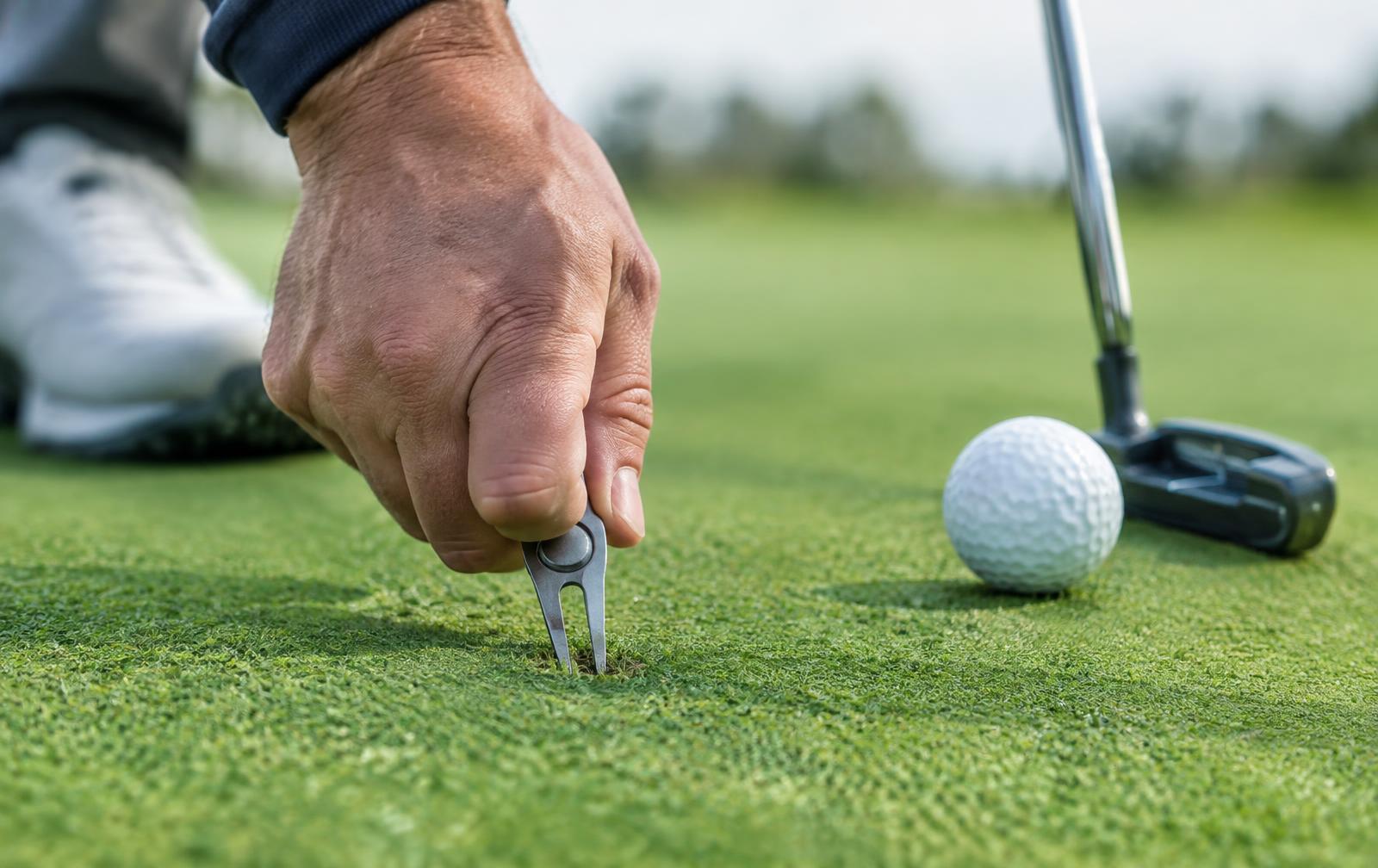 A golfer repairing a pitch mark on the green with a repair tool.