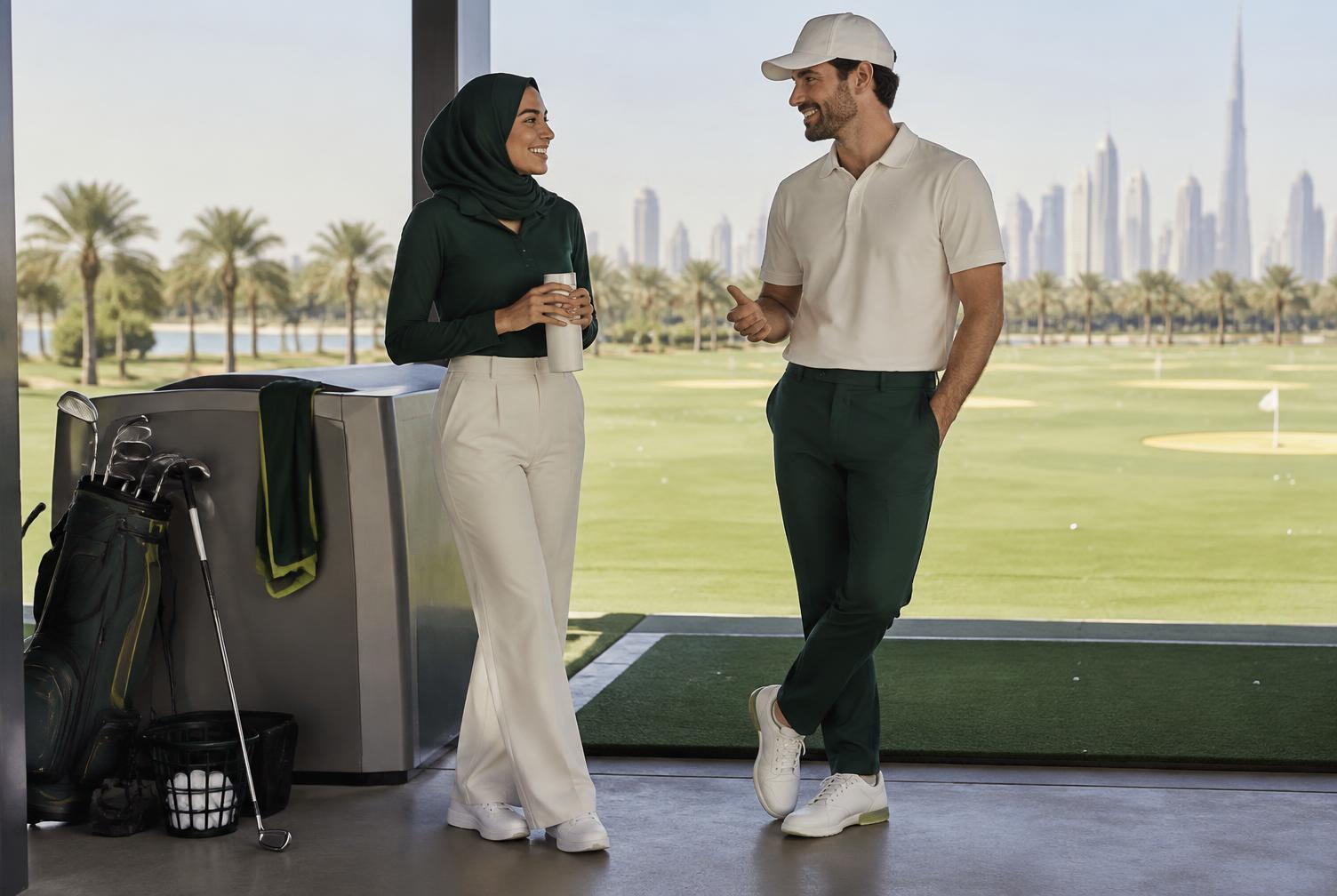 Two golfers chatting behind a driving-range bay during a break in practice.